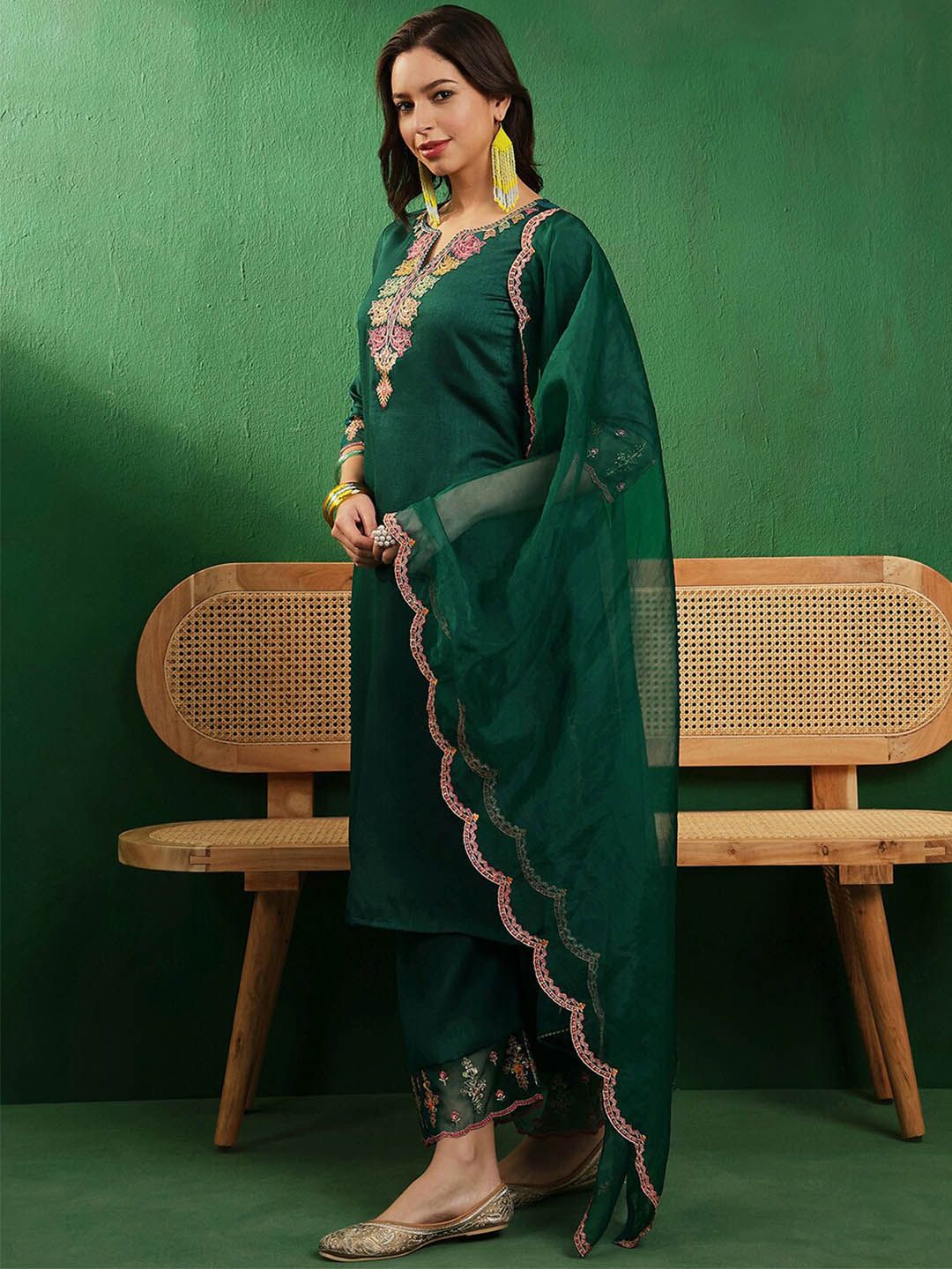 Dhiyona SN Women's Teal Green & Pink Embroidered Straight Kurta With Palazzos & Dupatta