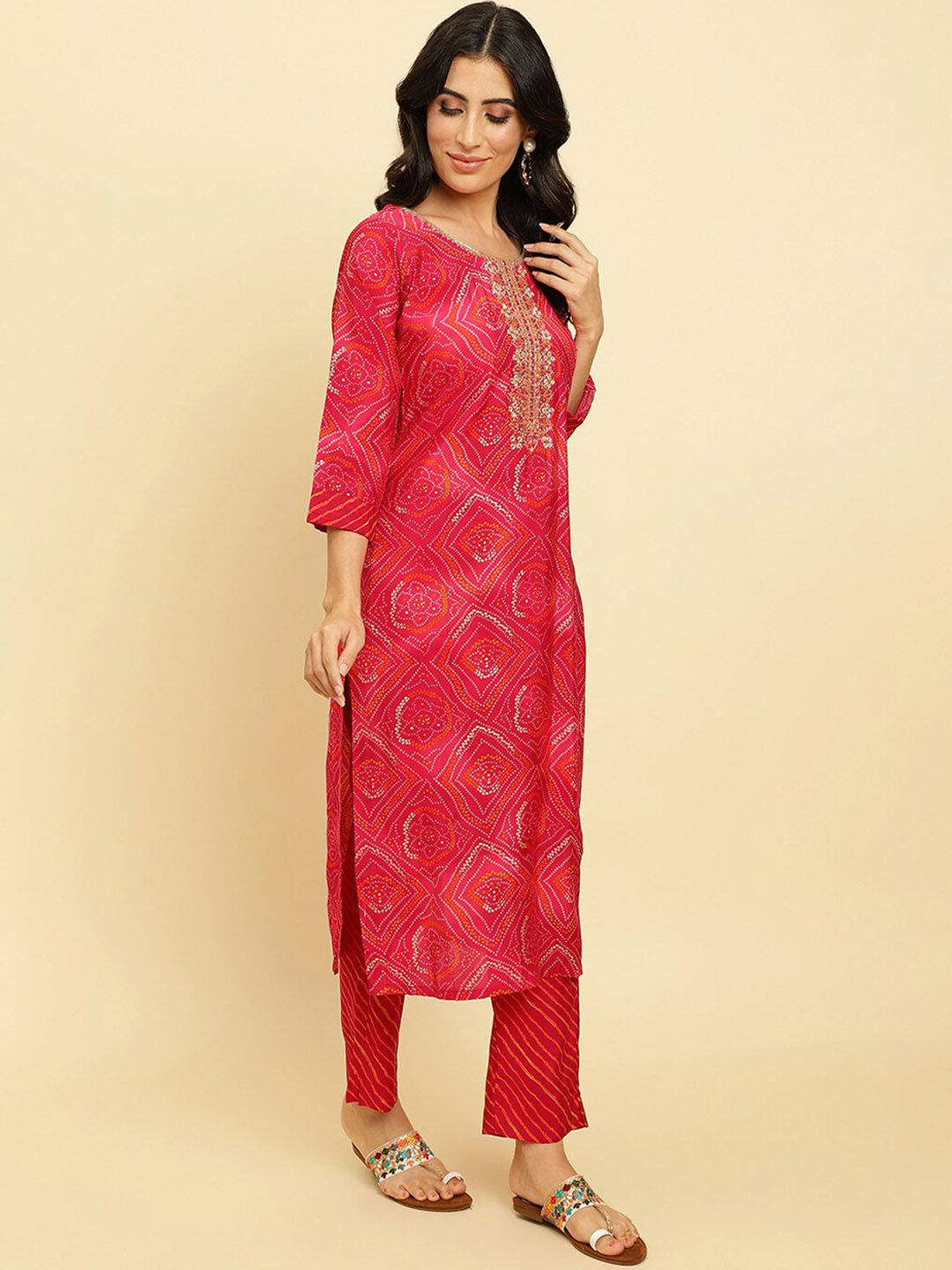 Dhiyona VA Women'sBandhani Printed Regular Chanderi Silk Kurta with Trousers & Dupatta