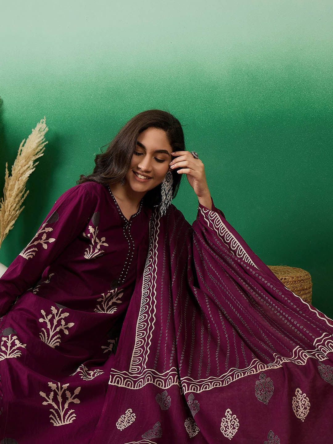 Dhiyona SN Women's Printed Pure Cotton Straight Kurta With Trousers & Dupatta