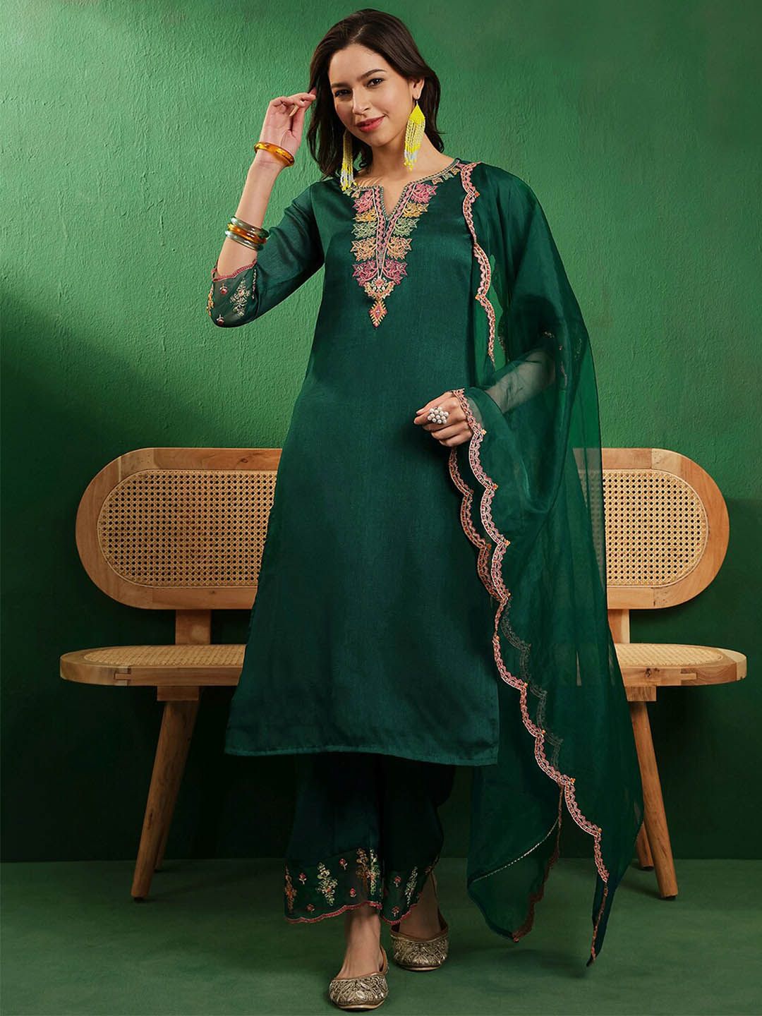 Dhiyona SN Women's Teal Green & Pink Embroidered Straight Kurta With Palazzos & Dupatta