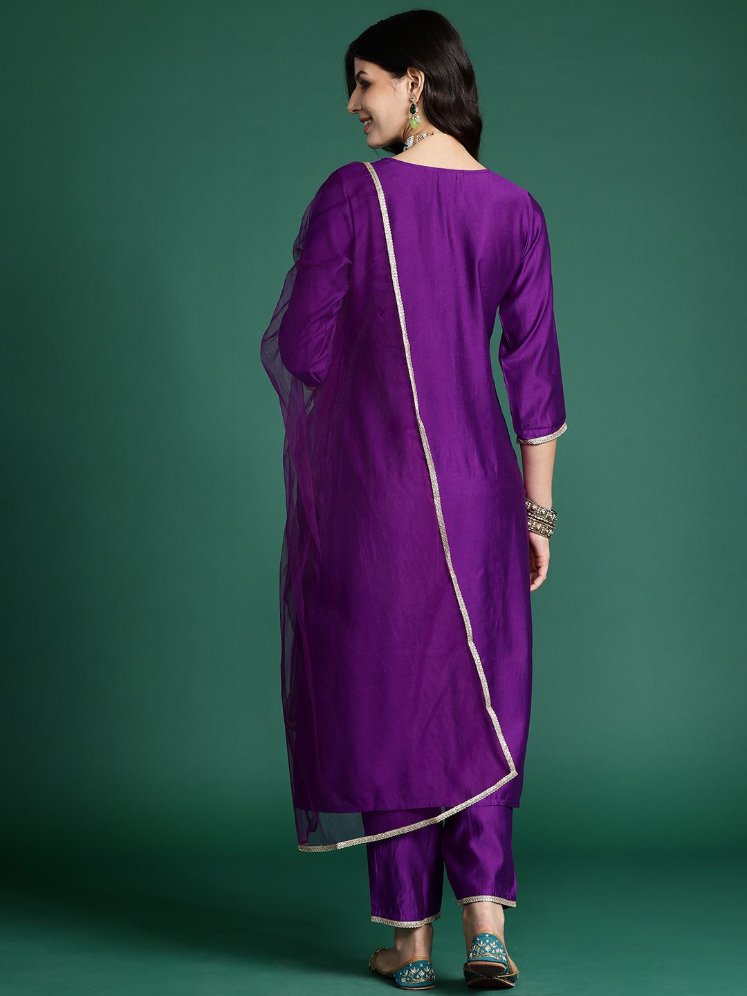Floral Sequinned Liva Kurta with Trousers & With Dupatta