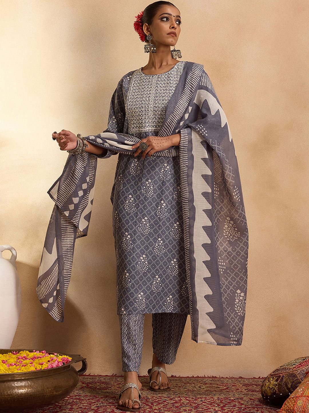 Dhiyona IE Floral Printed Pure Cotton Straight Kurta with Trousers & Dupatta