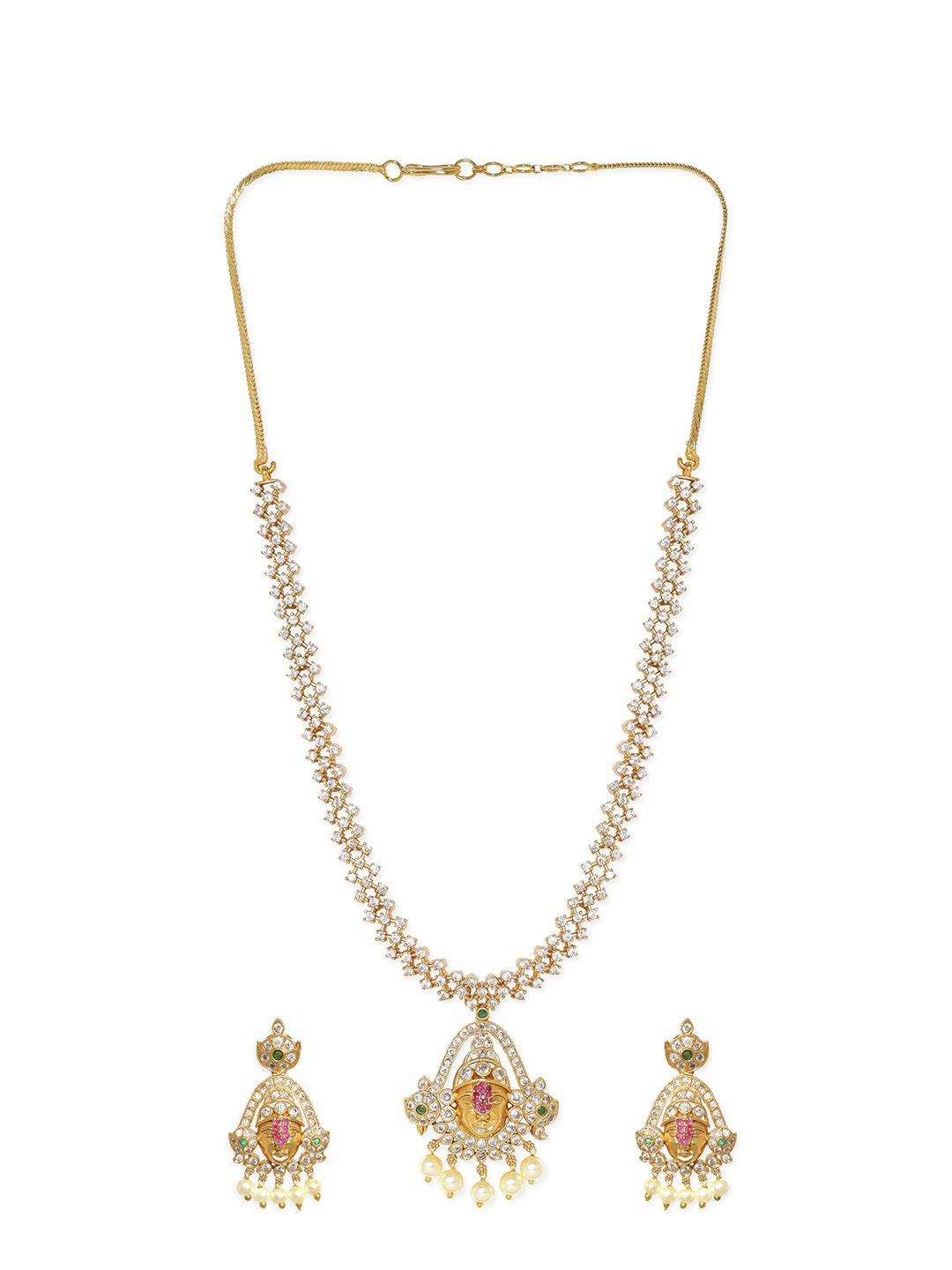 Dhiyona RJ Women's Gold-Plated American Diamond-Studded & Pearl Beaded Temple Jewellery Set