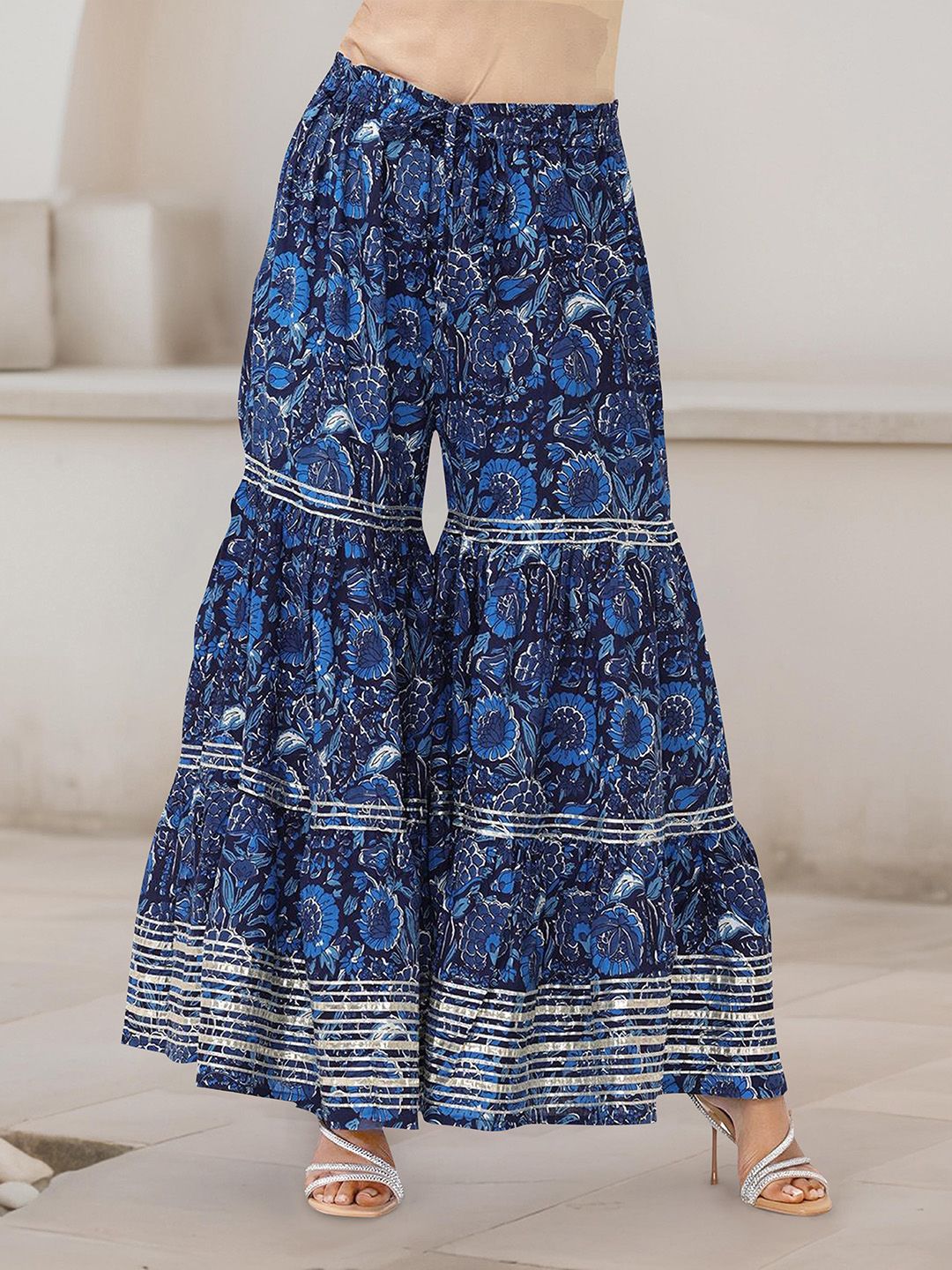 Dhiyona IS Women's Floral Printed A-Line Pure Cotton Gotta Patti Kurta with Sharara & Dupatta