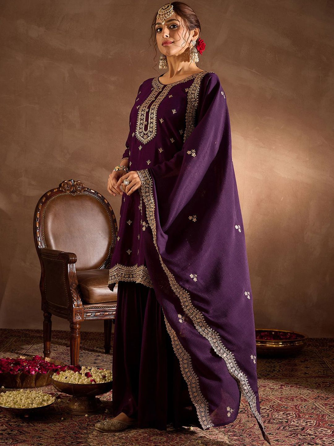 Dhiyona IE Ethnic Motifs Embroidered Sequinned Straight Kurta With Sharara & Dupatta