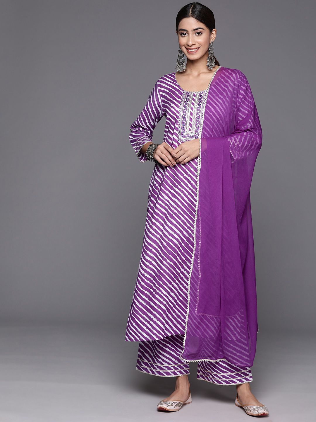 Dhiyona VA Women's Leheriya Printed Mirror Work Pure Cotton Kurta with Trousers & With Dupatta