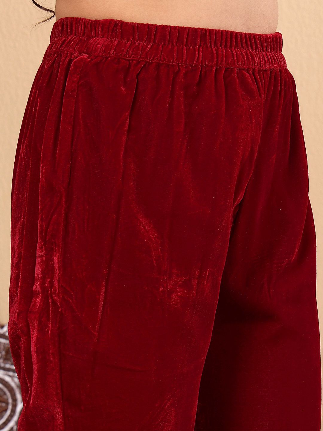 Dhiyona VA Women'sMaroon Floral Yoke Design Sequinned Velvet Straight Kurta with Trousers & Dupatta