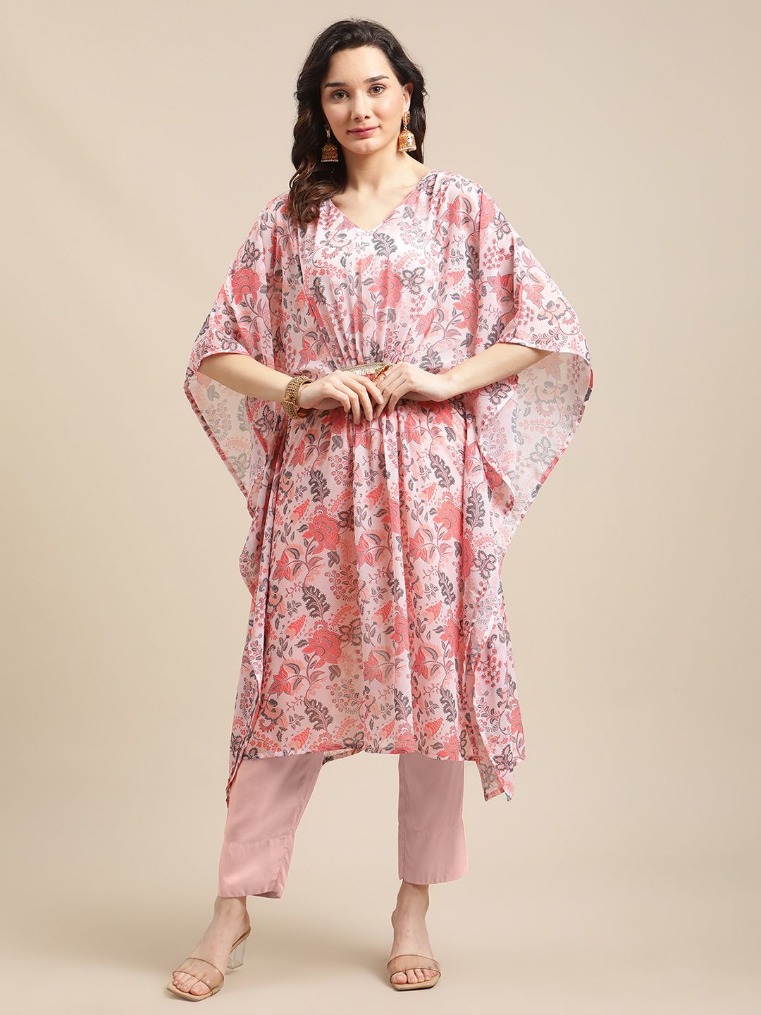 Dhiyona VA Women's Peach-Coloured & Pink Floral Printed Kaftan Kurta With Trousers
