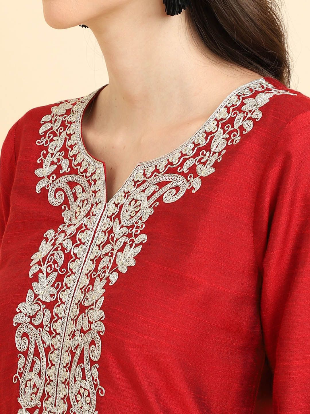 Dhiyona VA Women'sRed Ethnic Motifs Yoke Design Thread Work Kurta Wth Trousers & Dupatta