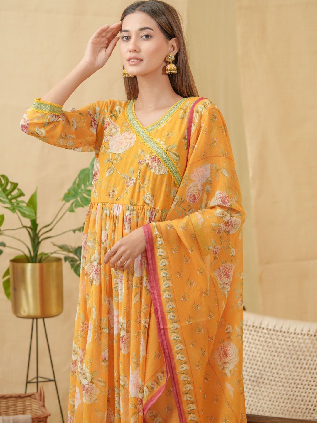 Dhiyona IS Women's V-Neck Floral Printed Angrakha Kurta with Palazzos & Dupatta