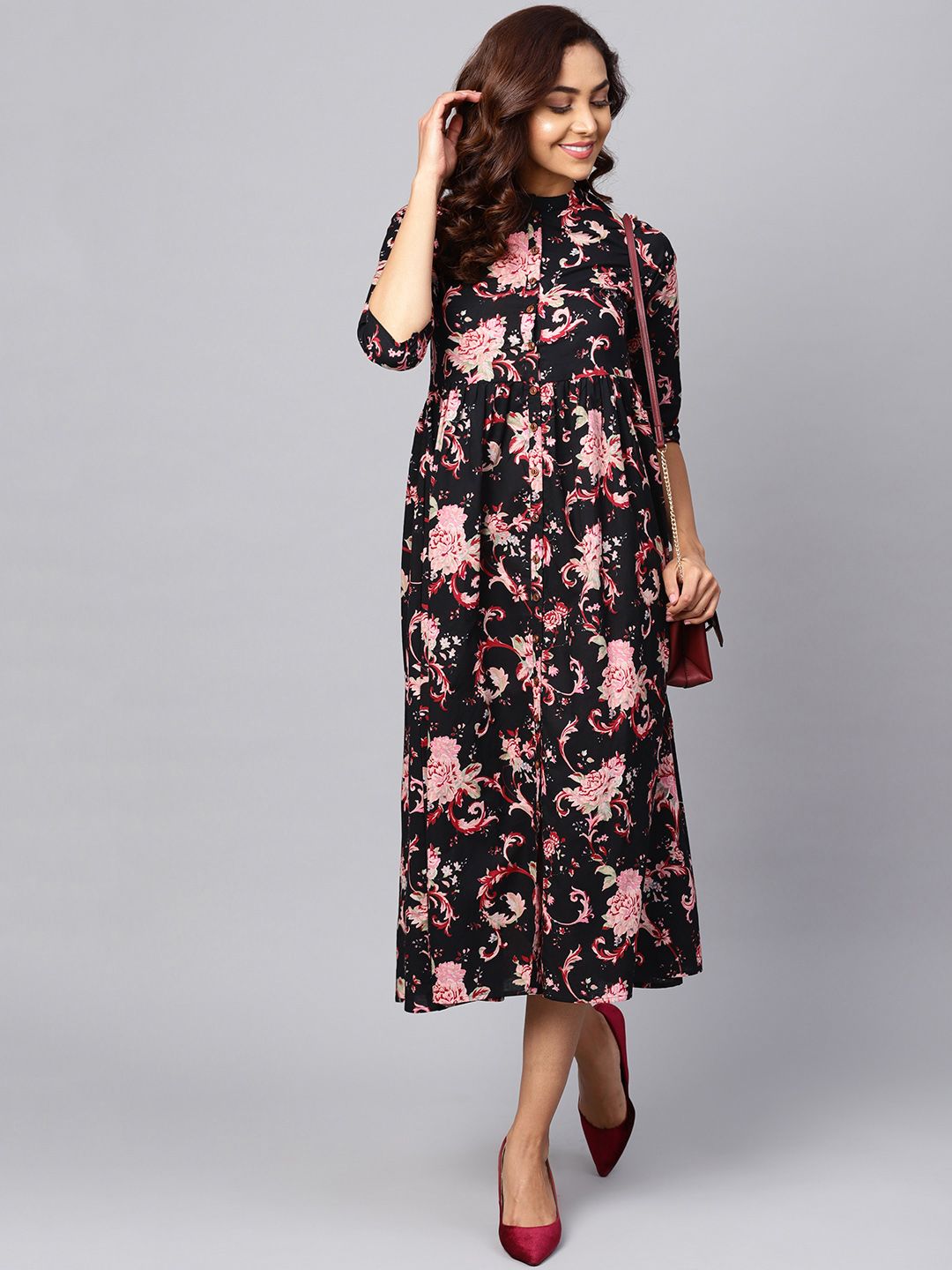 Dhiyona AY Women's Black Printed Fit and Flare Dress