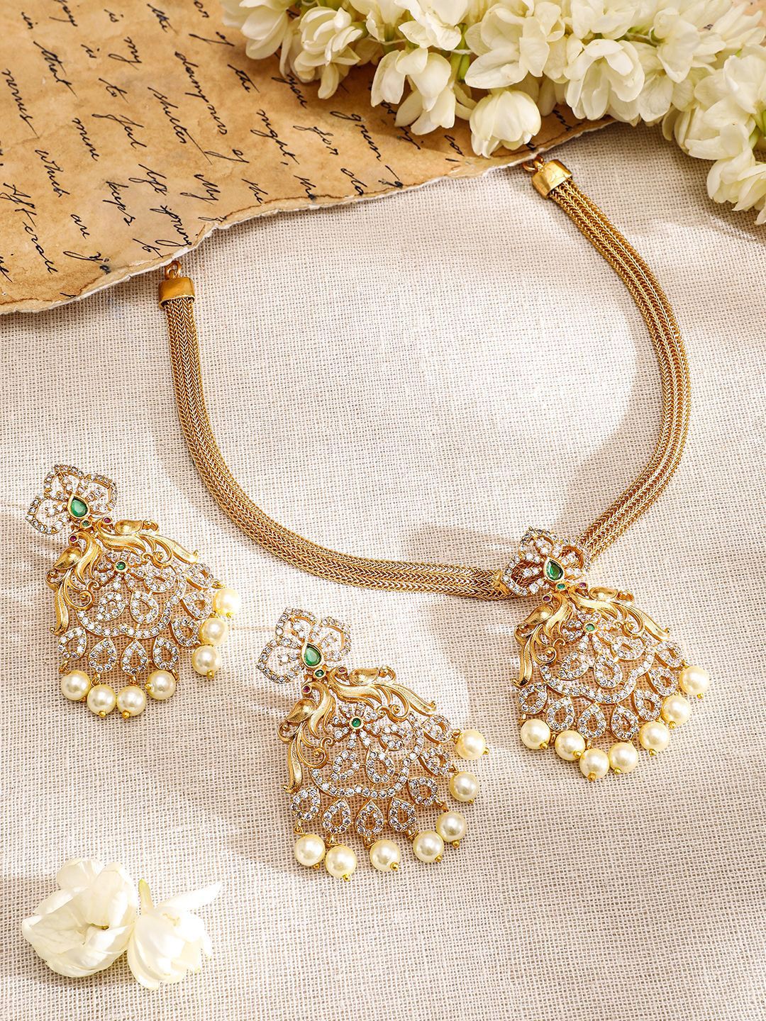 Dhiyona RJ Women's 22K Gold-Plated Emerald & Cubic Zirconia Studded Necklace Set with Pearl Accents