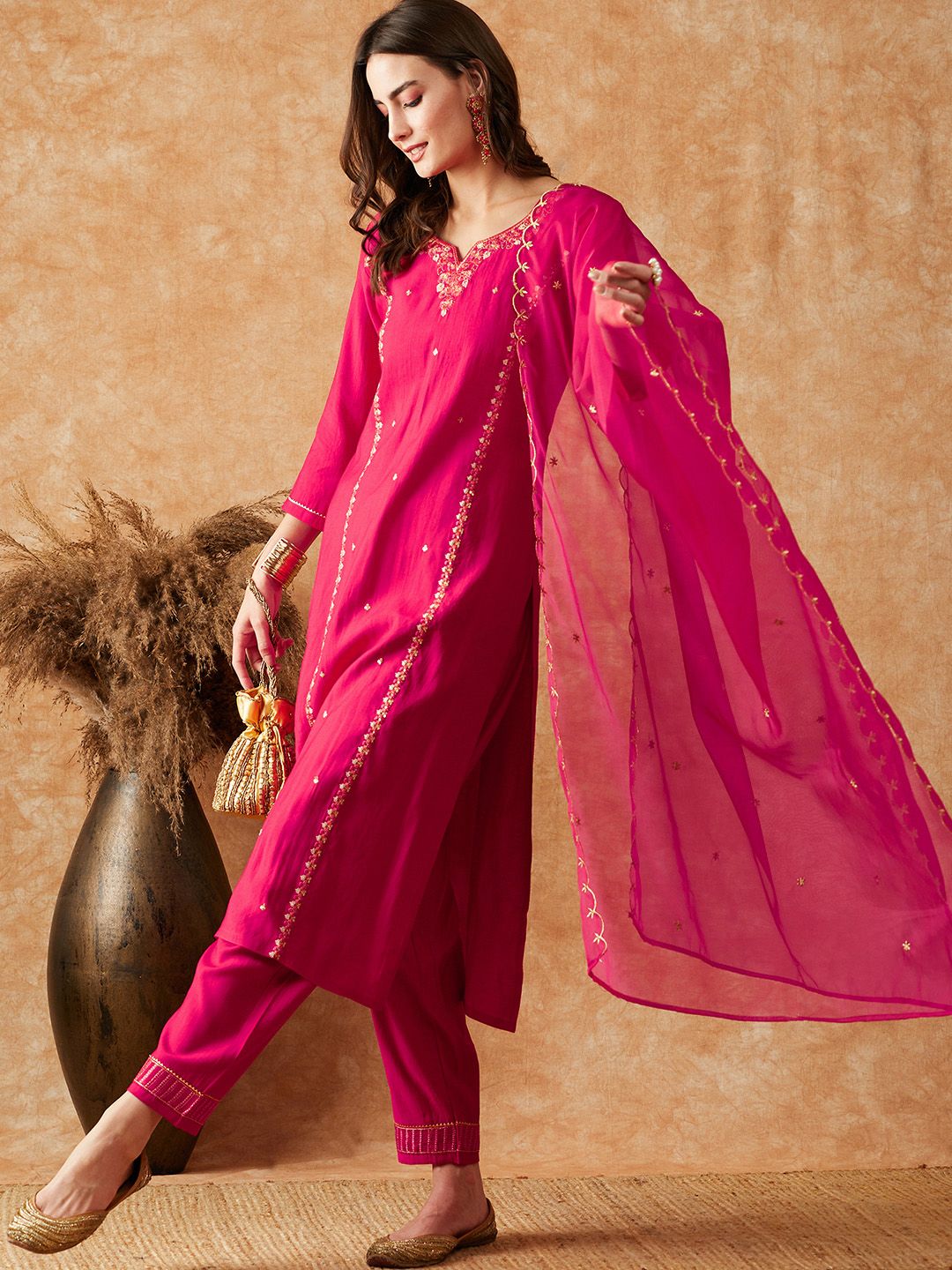 Dhiyona SN Women's Pink Floral Embroidered Sequinned Kurta With Trouser & Dupatta