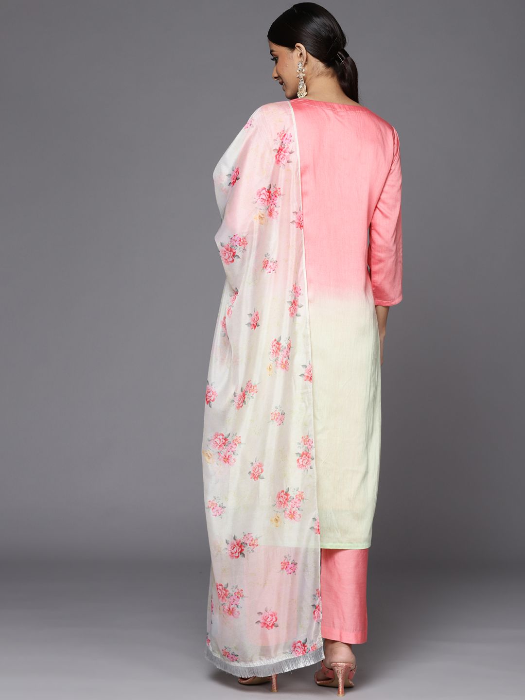 Dhiyona VA Women's Pink Ombre Printed Sequinned Kurta with Trousers & With Dupatta