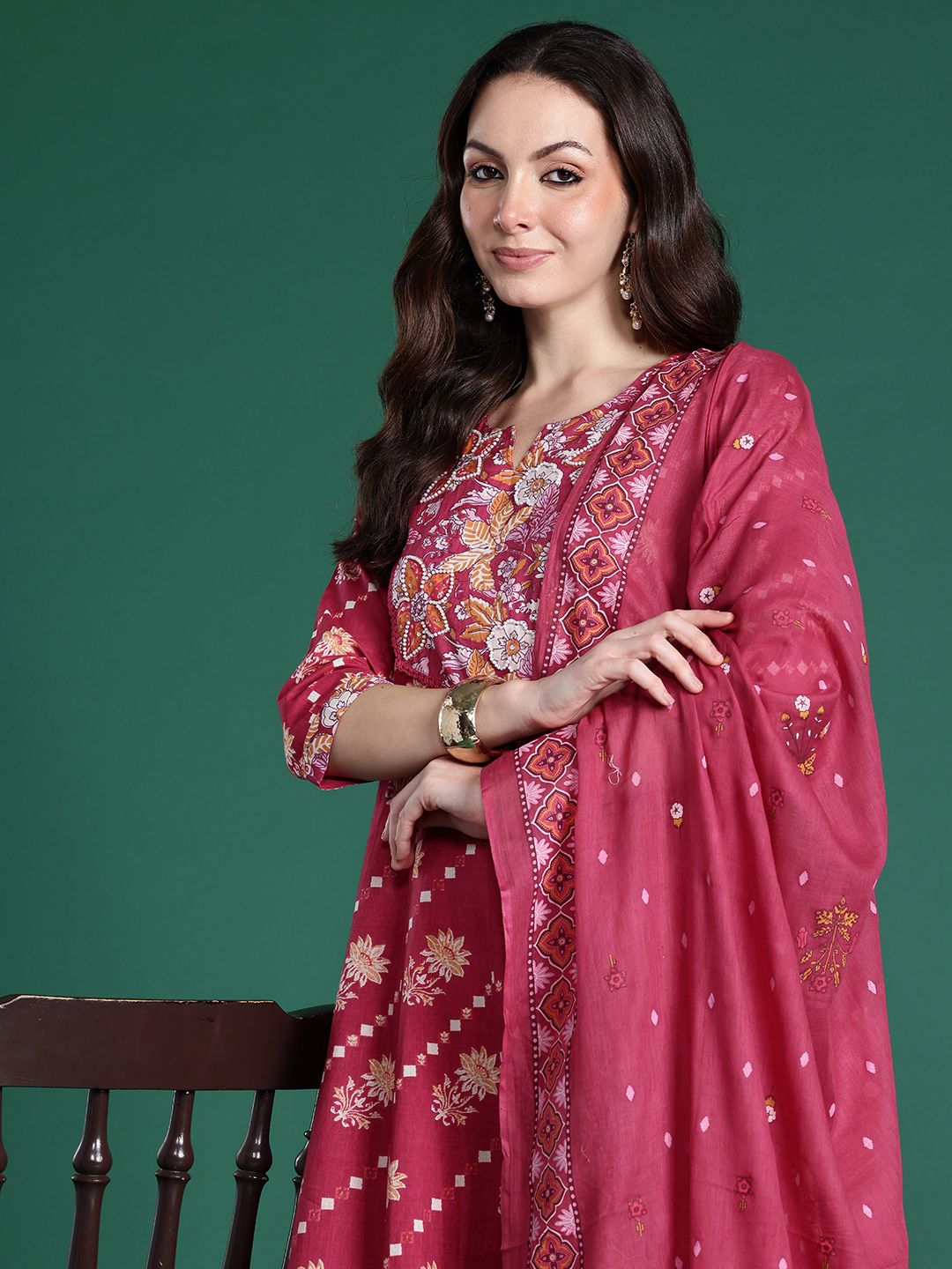 Dhiyona IE Floral Printed Pure Cotton Kurta with Trousers & Dupatta