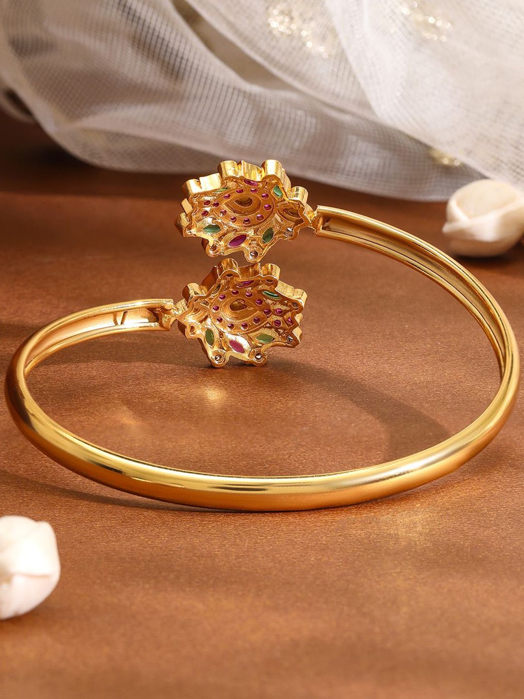 Dhiyona RJ Women's 18K Gold-Plated Ruby Pink, Green & White Kundan Studded Openable Bangle