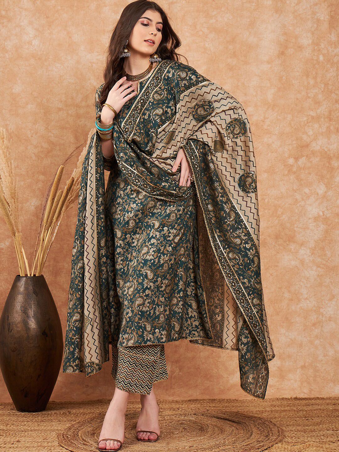 Dhiyona SN Women's Ethnic Motifs Printed Pure Cotton Kurta With Palazzo & Dupatta