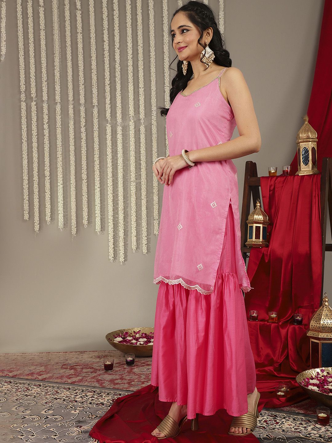 Dhiyona VA Women's Pink Embroidered Sequinned Kurta with Sharara & Dupatta
