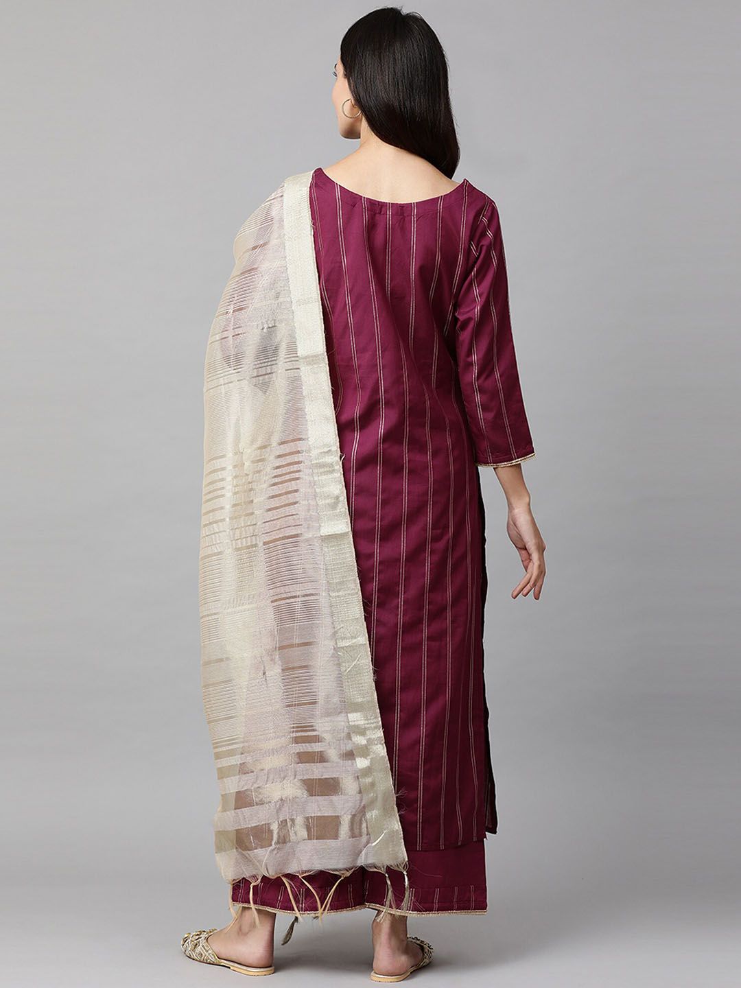 Dhiyona IE Women Magenta & Beige Striped Kurta with Palazzos & Dupatta