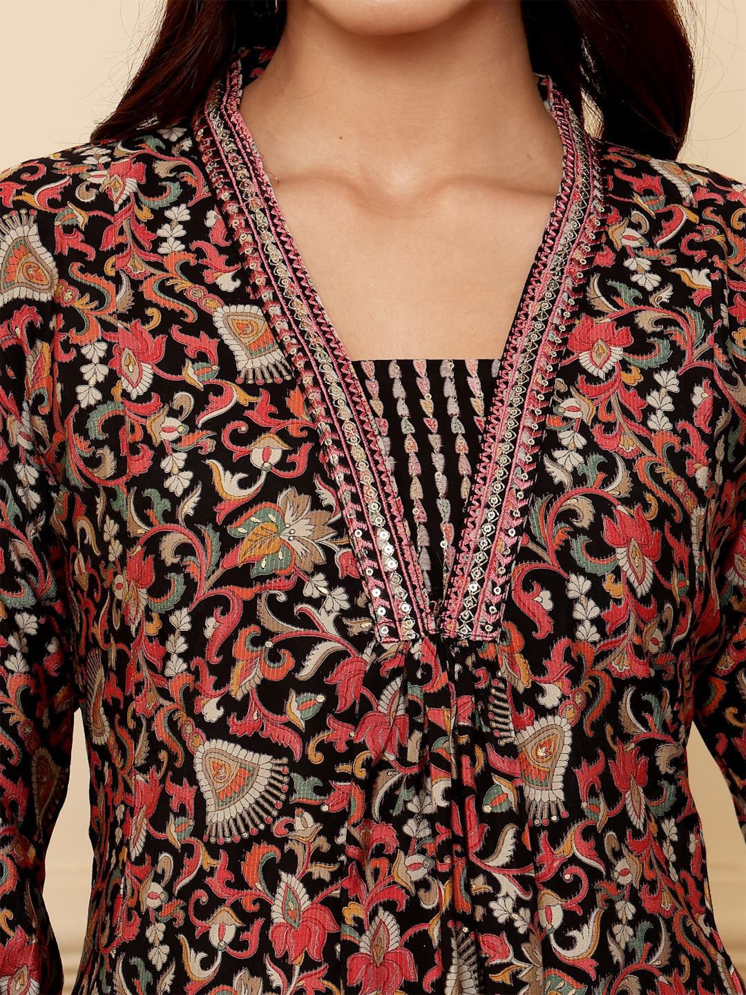 Dhiyona VA Women's Floral Printed Regular Sequinned Kurta with Trousers & Dupatta