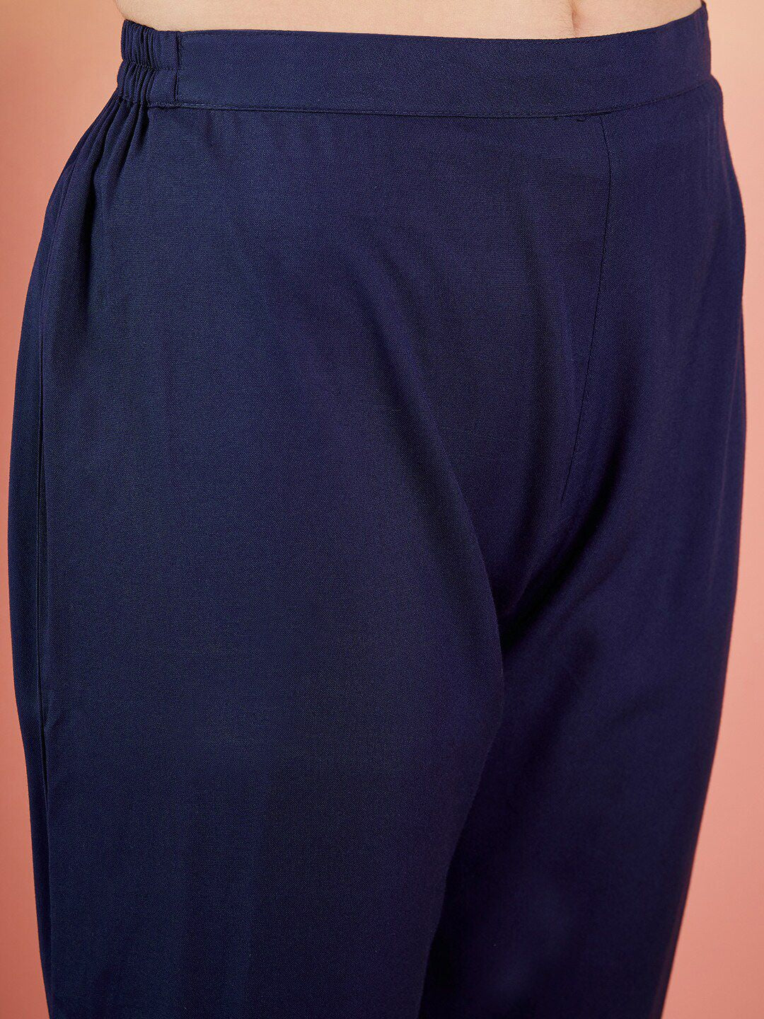Dhiyona SN Women's Navy Blue Floral Embroidered Shirt Collar Straight Kurta & Trousers
