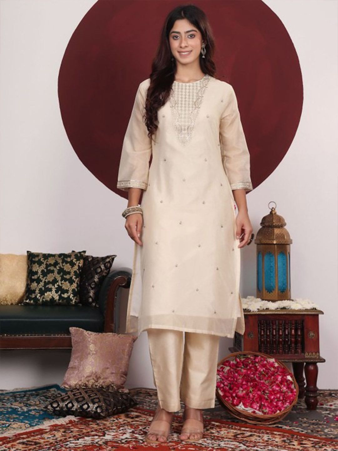 Dhiyona VA Women's Floral Woven Design Thread Work Kurta with Trousers & Dupatta
