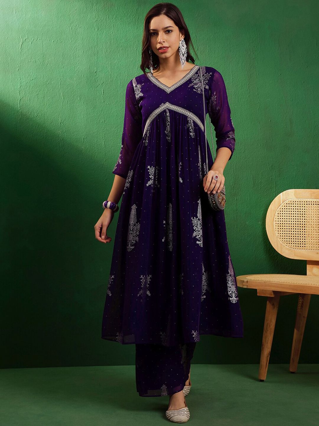 Dhiyona SN Women's V-neck Three quarter regular sleeves Alia Cut Printed Kurta Set