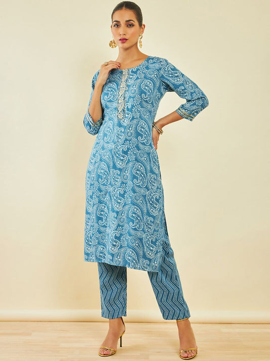 Dhiyona SO Women's Blue Paisley Printed Regular Gotta Patti Kurta With Trousers
