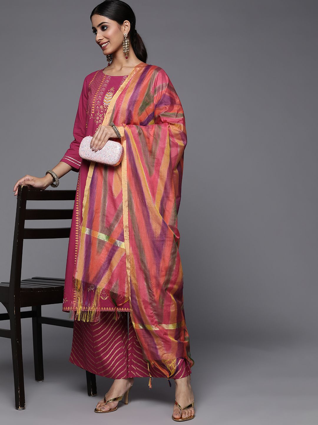 Dhiyona VA Women's Fuchsia Pink & Golden Floral Print Cotton Kurta with Palazzos & Dupatta