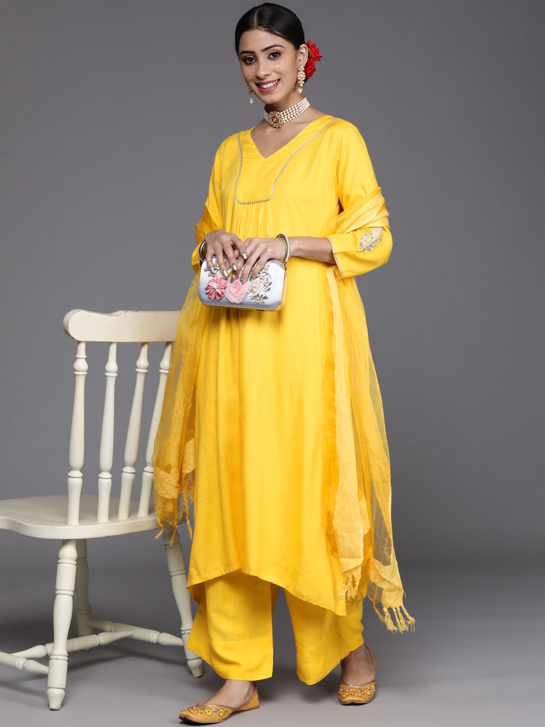 Dhiyona VA Women's Yellow Yoke Design Kurta with Palazzos & With Dupatta