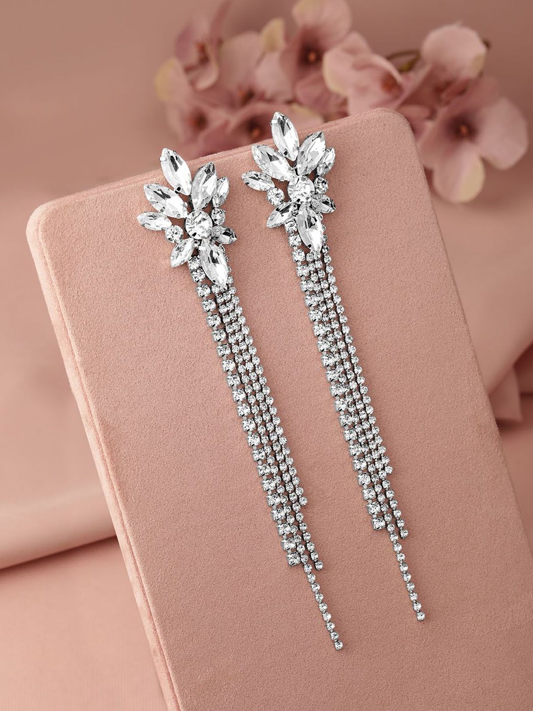 Dhiyona RJ Women's Rhodium Plated Crystal AD & Zirconia Studded MultiLayer Shoulder Drop Earrings