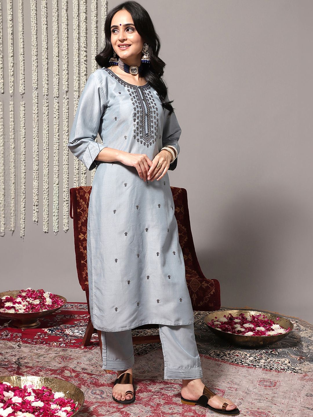 Dhiyona VA Women'sBlue Ethnic Motifs Embroidered Kurta With Trousers & Dupatta