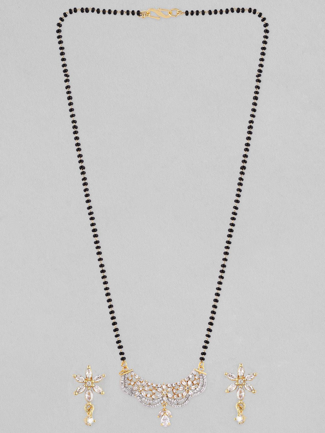 Dhiyona RJ Women's 22K Gold-Plated AD & Cubic Zirconia Studded Black Beaded Floral Mangalsutra Set