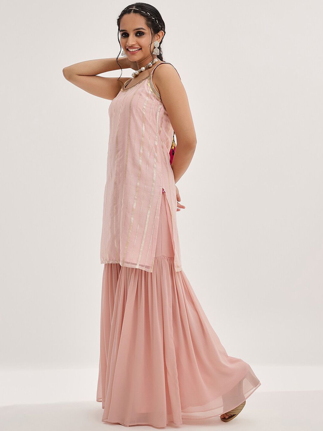 Dhiyona VA Women'sPeach Striped Shoulder Straps Embroidered Empire Kurta with Sharara & With Dupatta