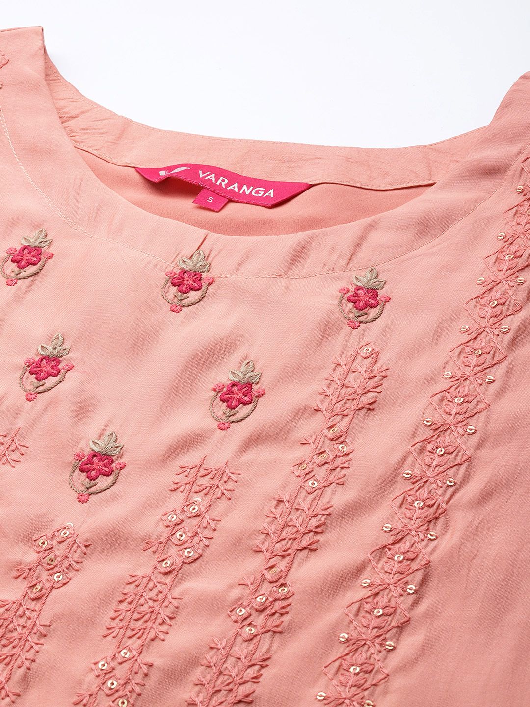 Dhiyona VA Women's Peach-Coloured Ethnic Motifs Embroidered Kurta with Trousers & Dupatta
