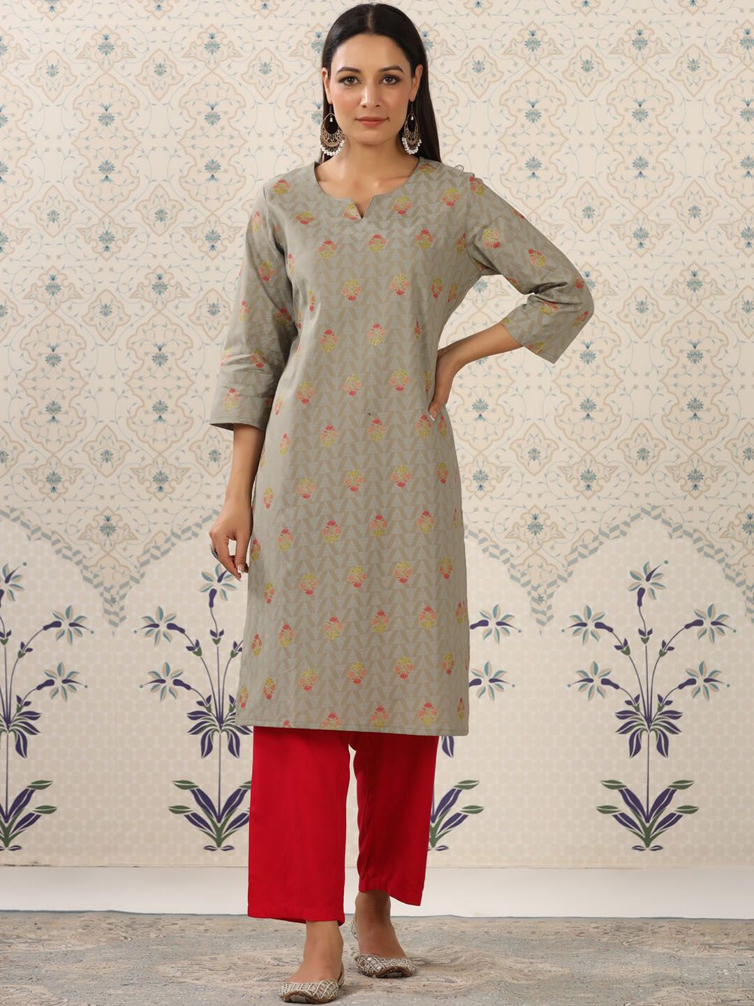 Dhiyona OD Grey & Red Floral Printed Notched Neck Kurta With Palazzos