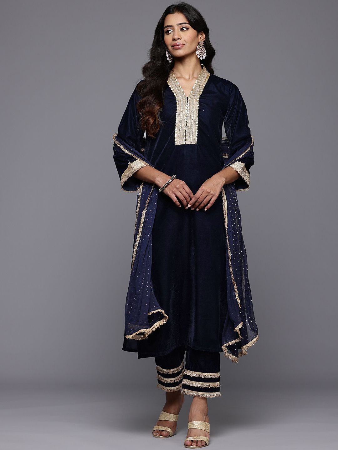 Dhiyona VA Women'sZari & Sequin Embroidered Winter Velvet Kurta with Trousers & Dupatta