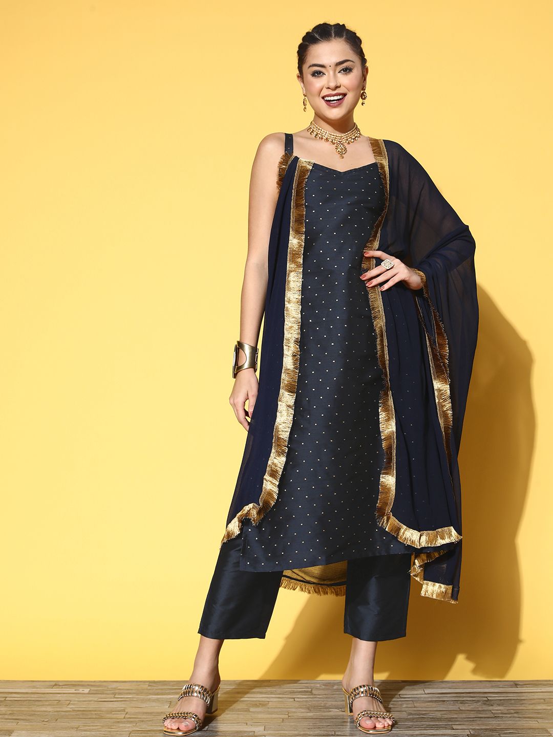 Dhiyona VA Women's Woven Design Silk Blend Spaghetti Straps Kurta Set