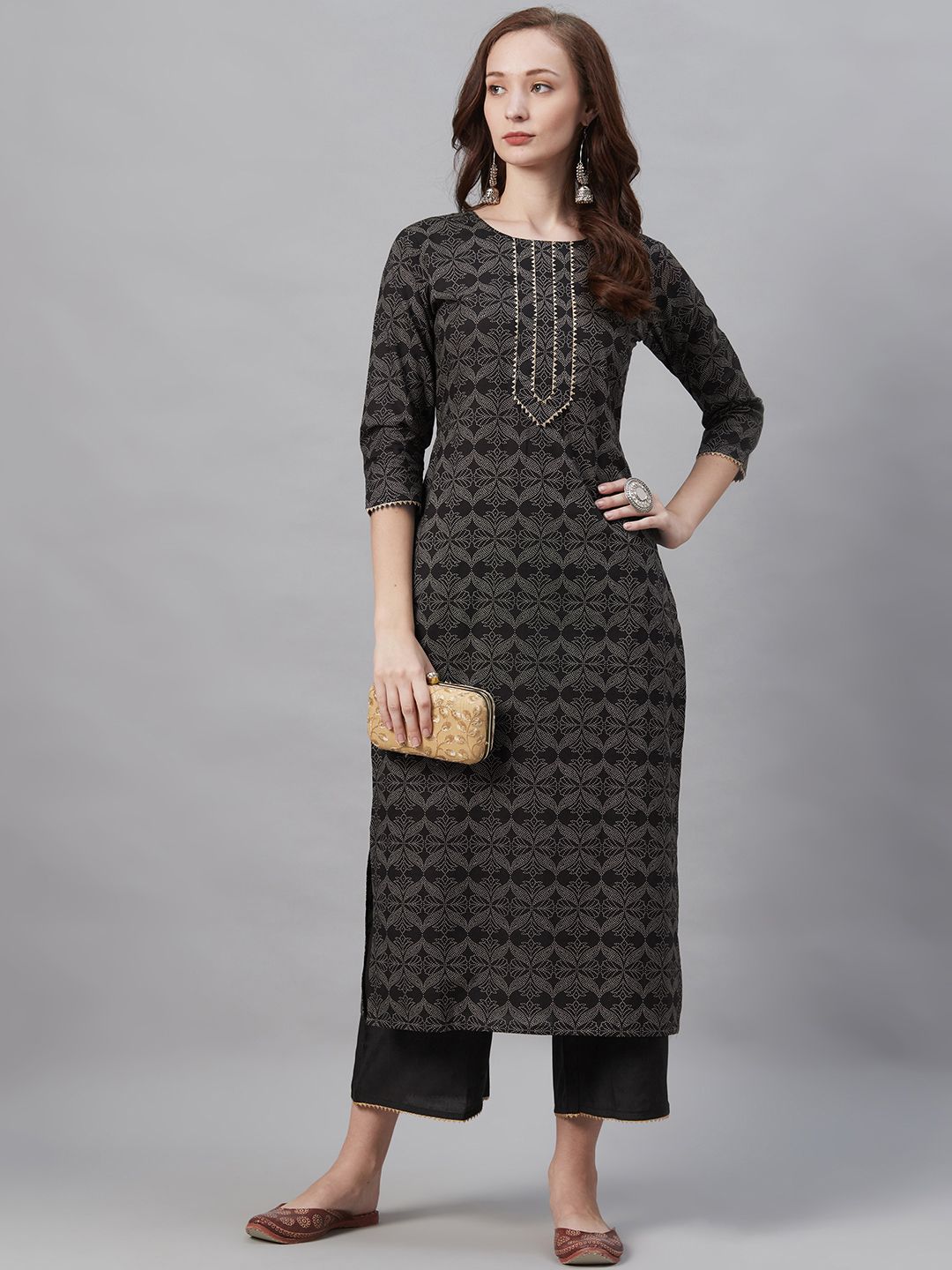 Women Black & Grey Printed Kurta with Palazzos