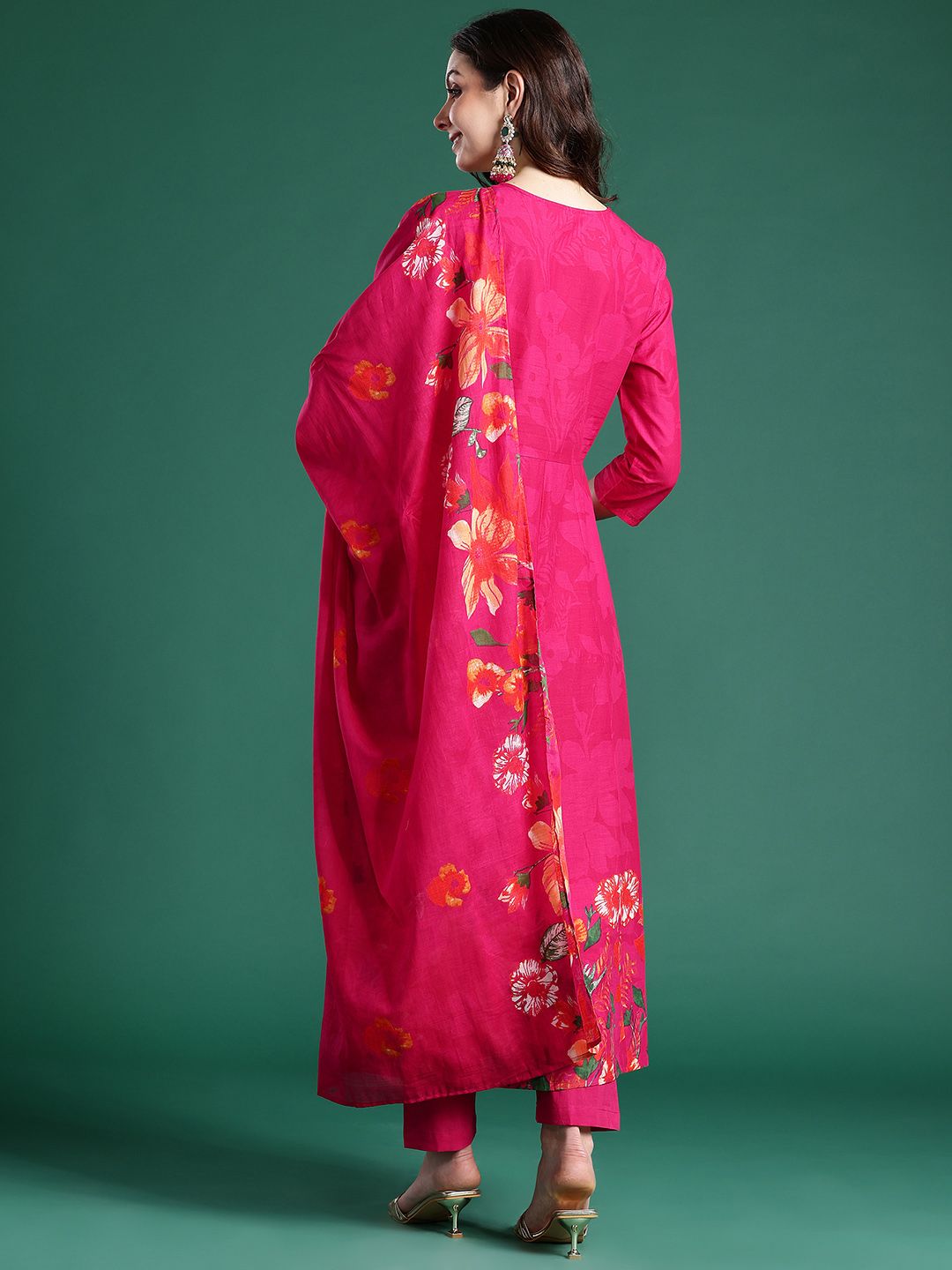 Dhiyona IE Floral Printed Beads & Stones Pure Cotton Kurta With Trousers & Dupatta