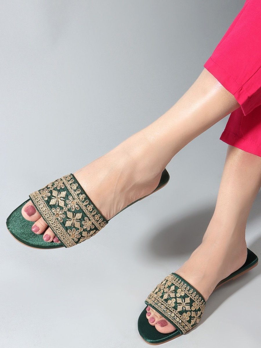 Dhiyona AK Green Embellished Open Toe Flats