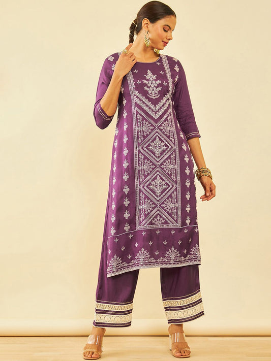 Dhiyona SO Women's Purple Ethnic Motifs Embroidered Regular Sequinned Kurta with Palazzos