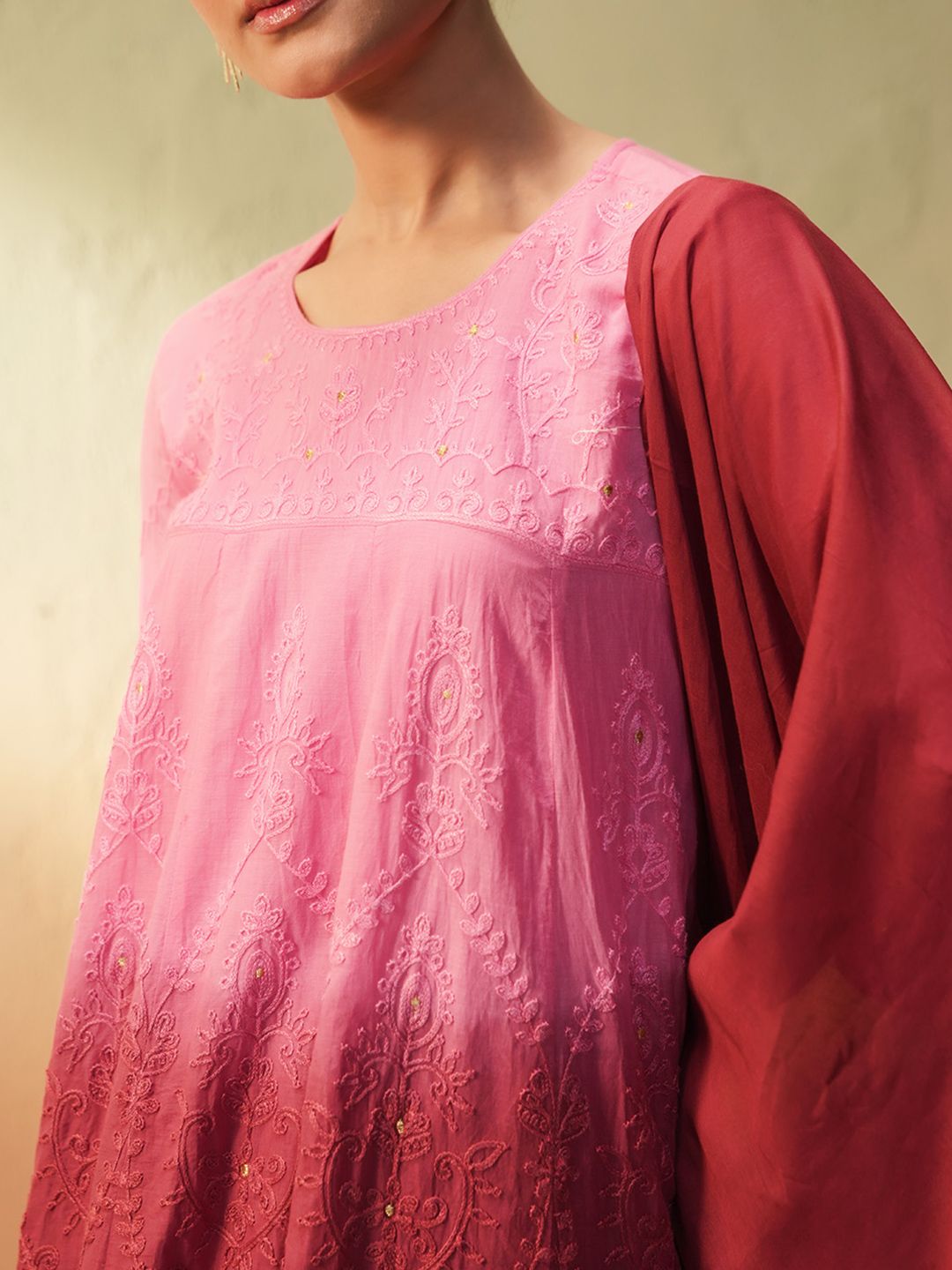 Dhiyona IS Women's Women Ombre Embroidered Regular Thread Work Pure Cotton Kurta with Palazzos & With Dupatta