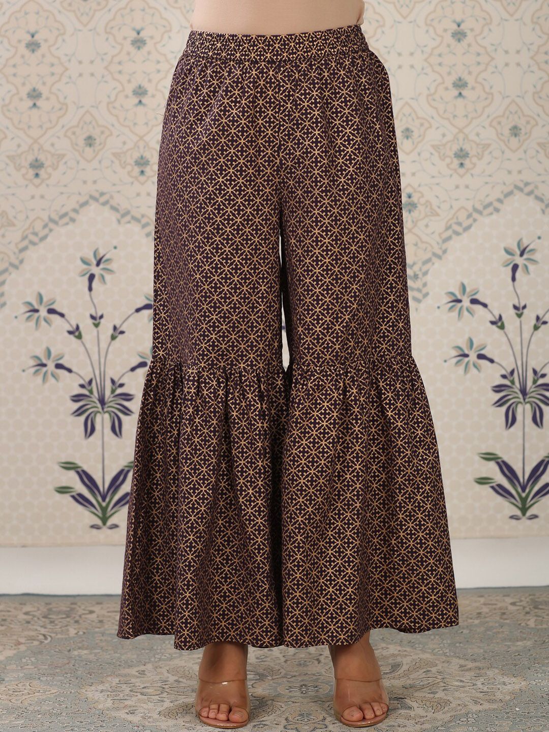 Dhiyona OD Purple Floral Printed Pure Cotton Kurta With Sharara & Dupatta