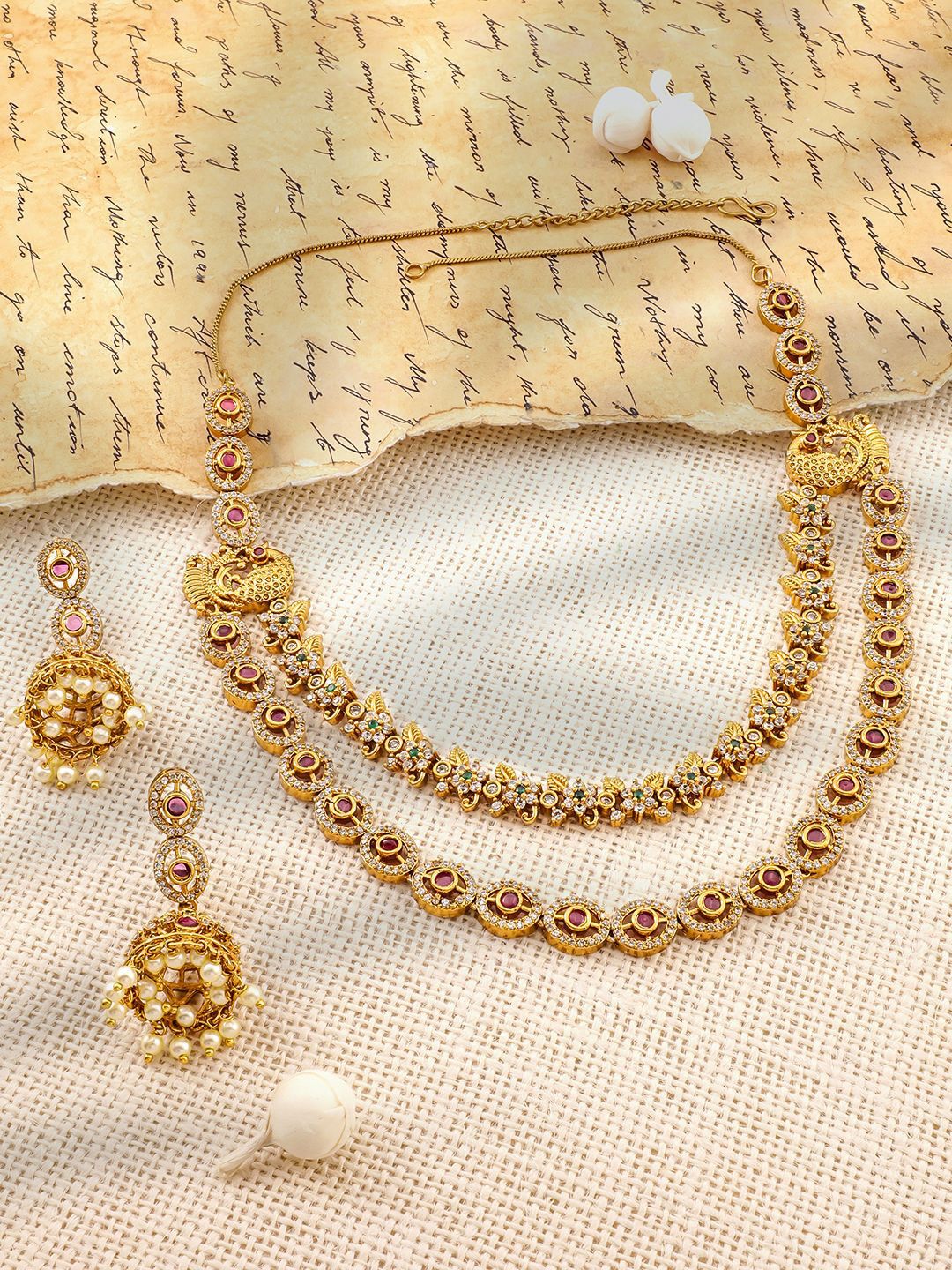 Dhiyona RJ Women's 22K Gold-Plated Ruby, Emerald & Cubic Zirconia Studded Double Layer Jewellery Set