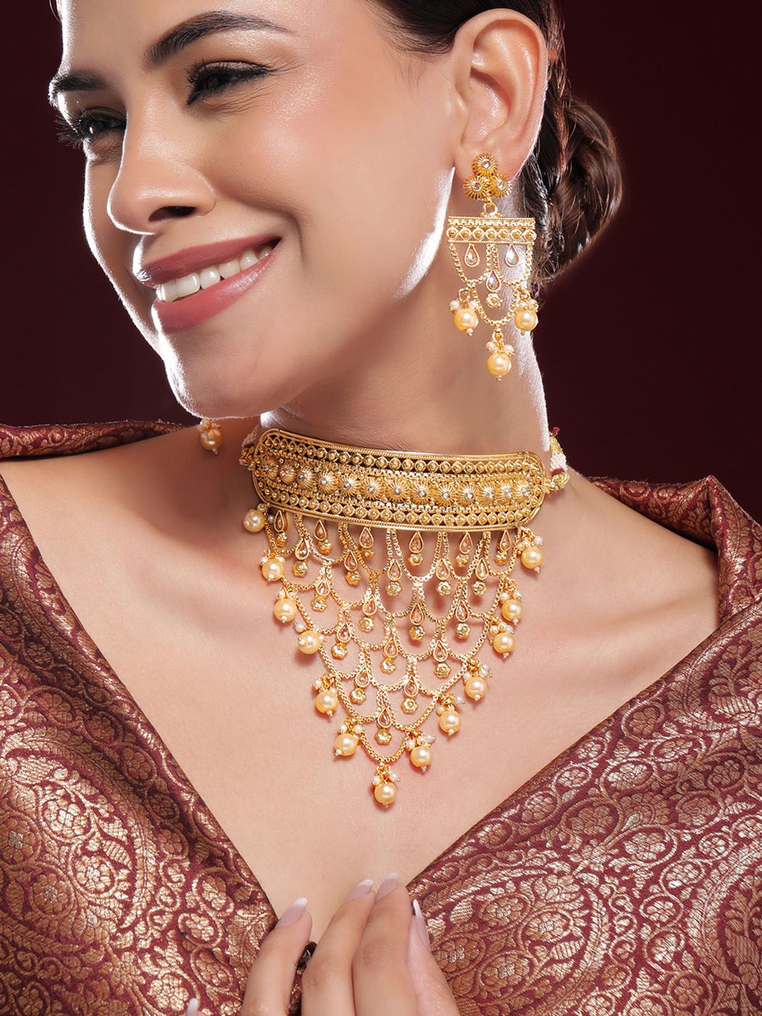 Dhiyona RJ Women's 22K Gold-Plated Choker Necklace Set With Pearls & Intricate Layered Design