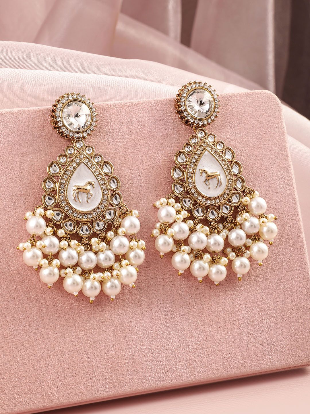 Dhiyona RJ Women's 18K Mehandi Gold-Plated White Kundan, Zicronia & Pearl Traditional Chanbali Earring