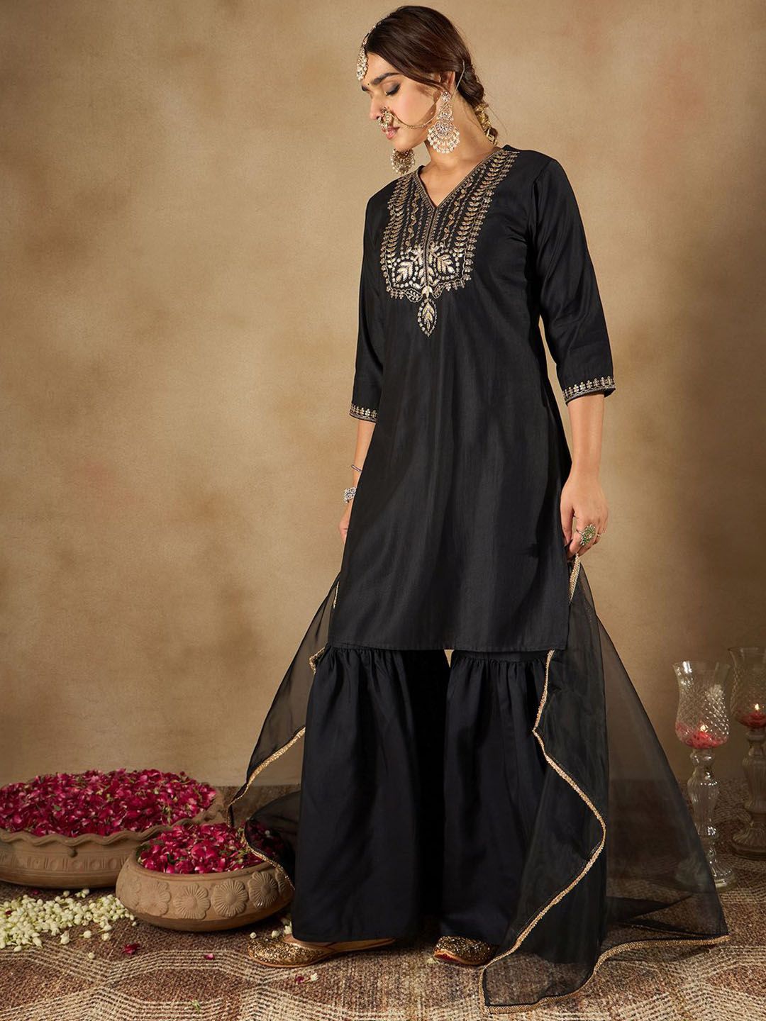 Dhiyona IE Women Ethnic Motifs Embroidered Regular Liva Kurta with Sharara & With Dupatta