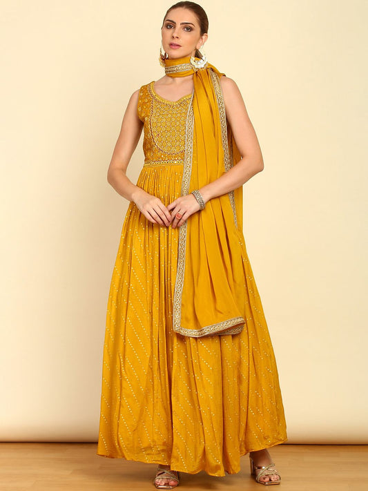 Dhiyona SO Women's Mustard Yellow Floral Embroidered Sequinned Anarkali Kurta with Churidar & Dupatta
