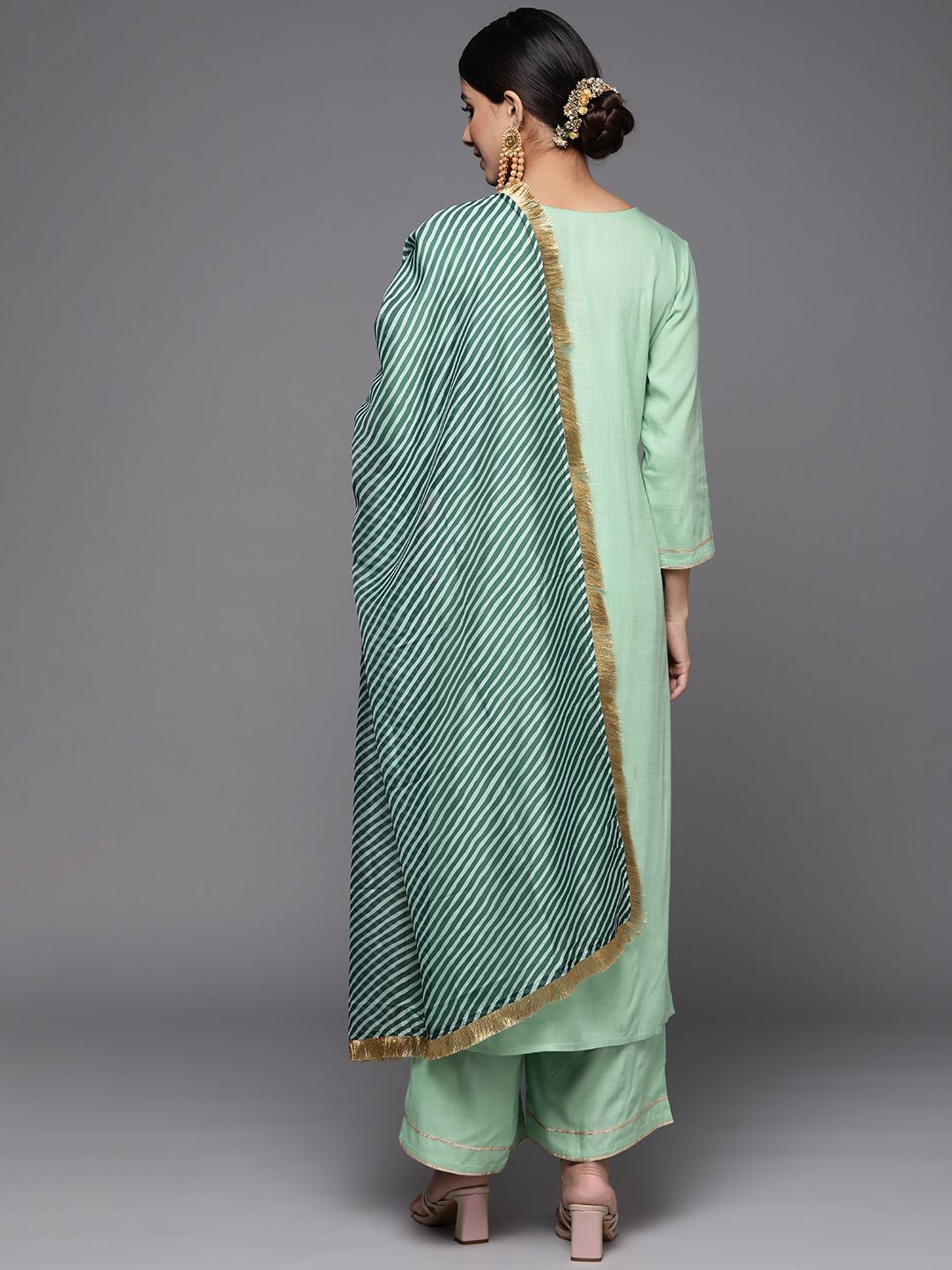 Dhiyona VA Women's Green Solid Gotta Patti Detail Empire Kurta with Palazzos & With Dupatta